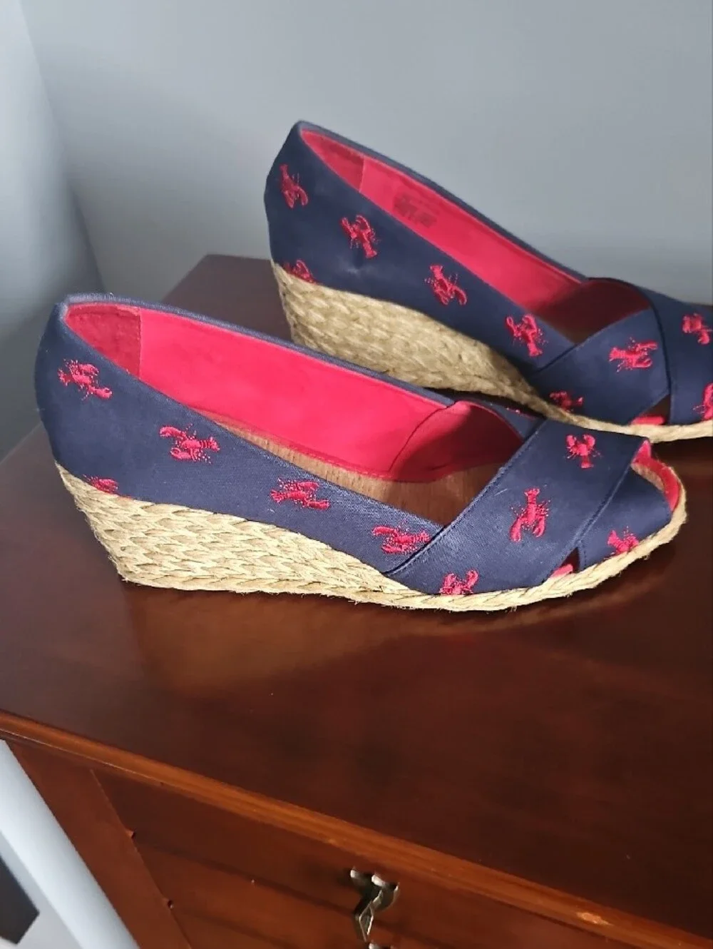 Ralph Lauren Navy Espadrille Wedge with Red Lobster Embroidery